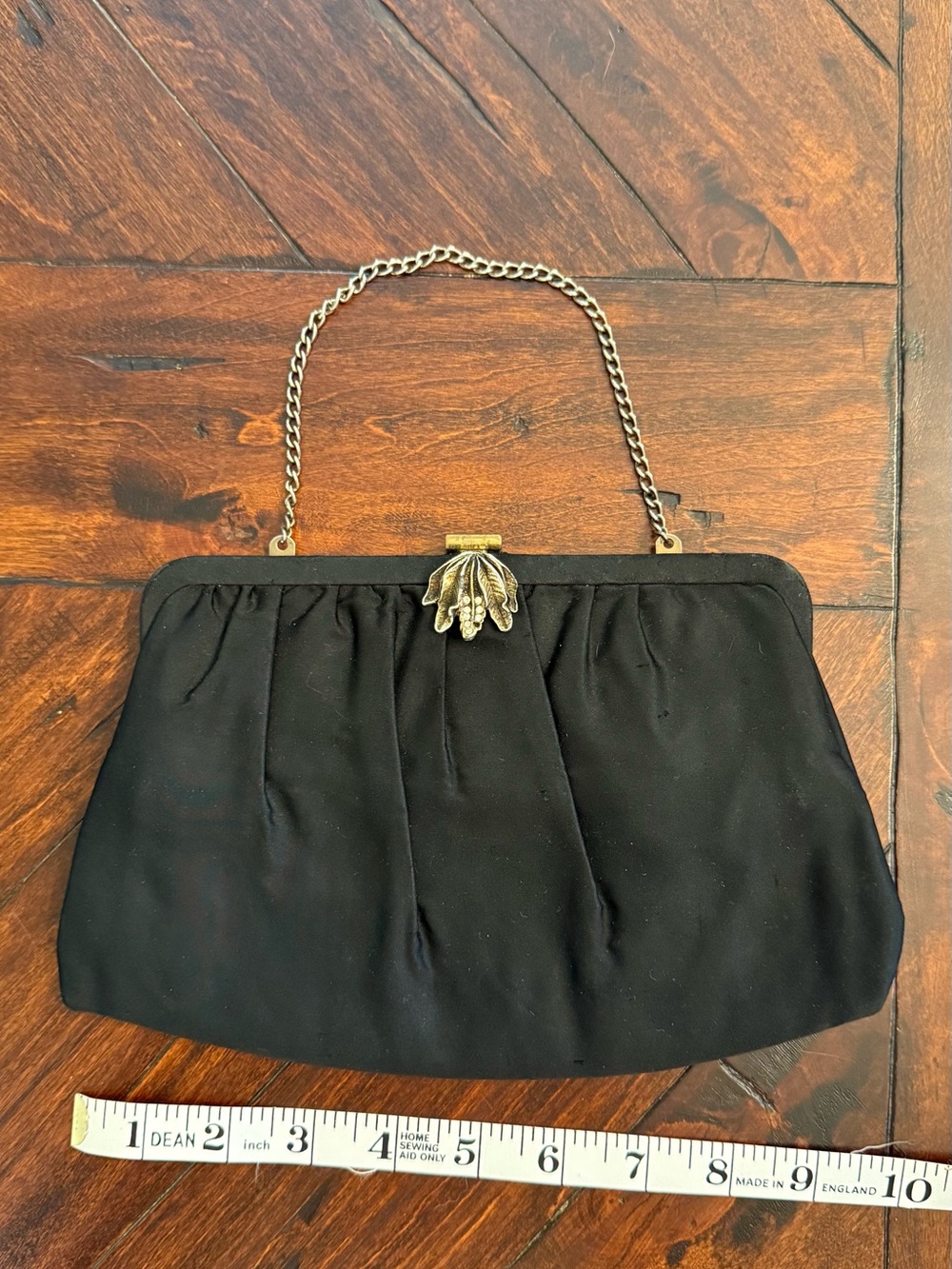 Vintage Black Evening Clutch with Gold Accent and Chain Handle
